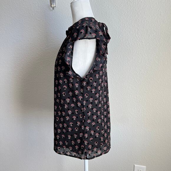 Dr2 Black Velvet Polka Dot Floral Back Tie Blouse Women's M Flutter Sleeve Top - Picture 3 of 7